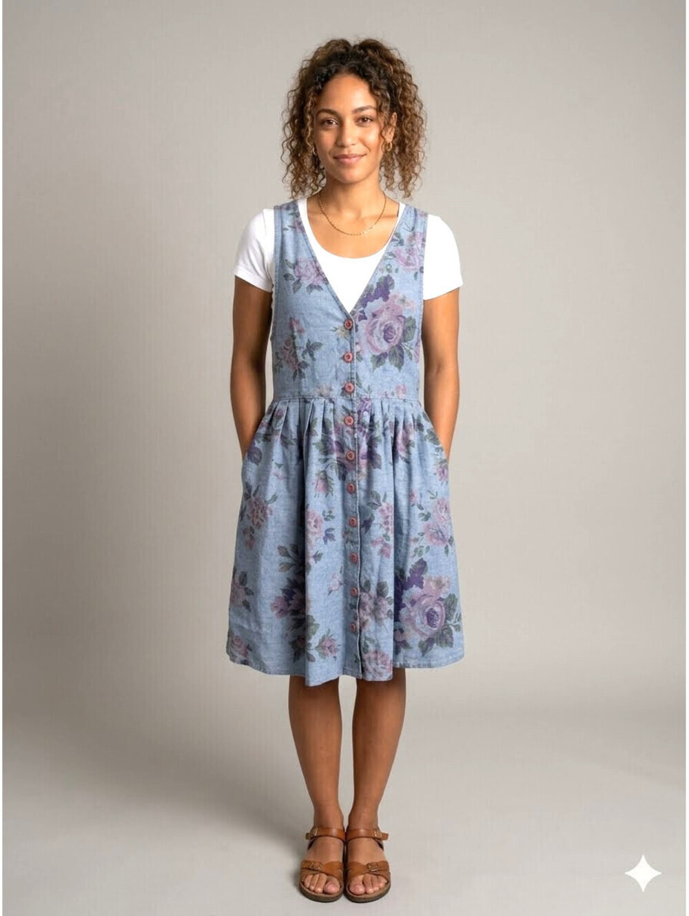 Vintage Cherokee M Denim Blue Floral Dress Button up Sleeveless V-Neck